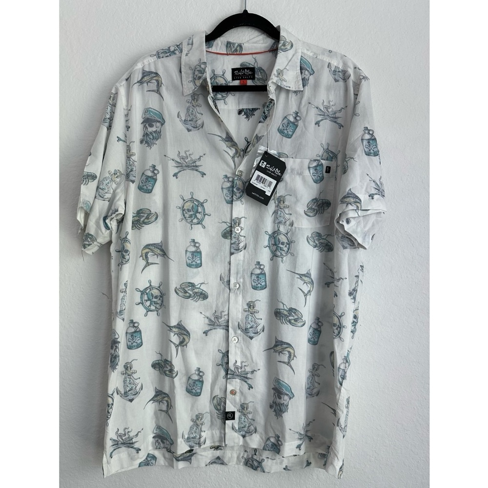 Salt Life White Nautical Tattoo Skull Button Down Shirt Men’s Large